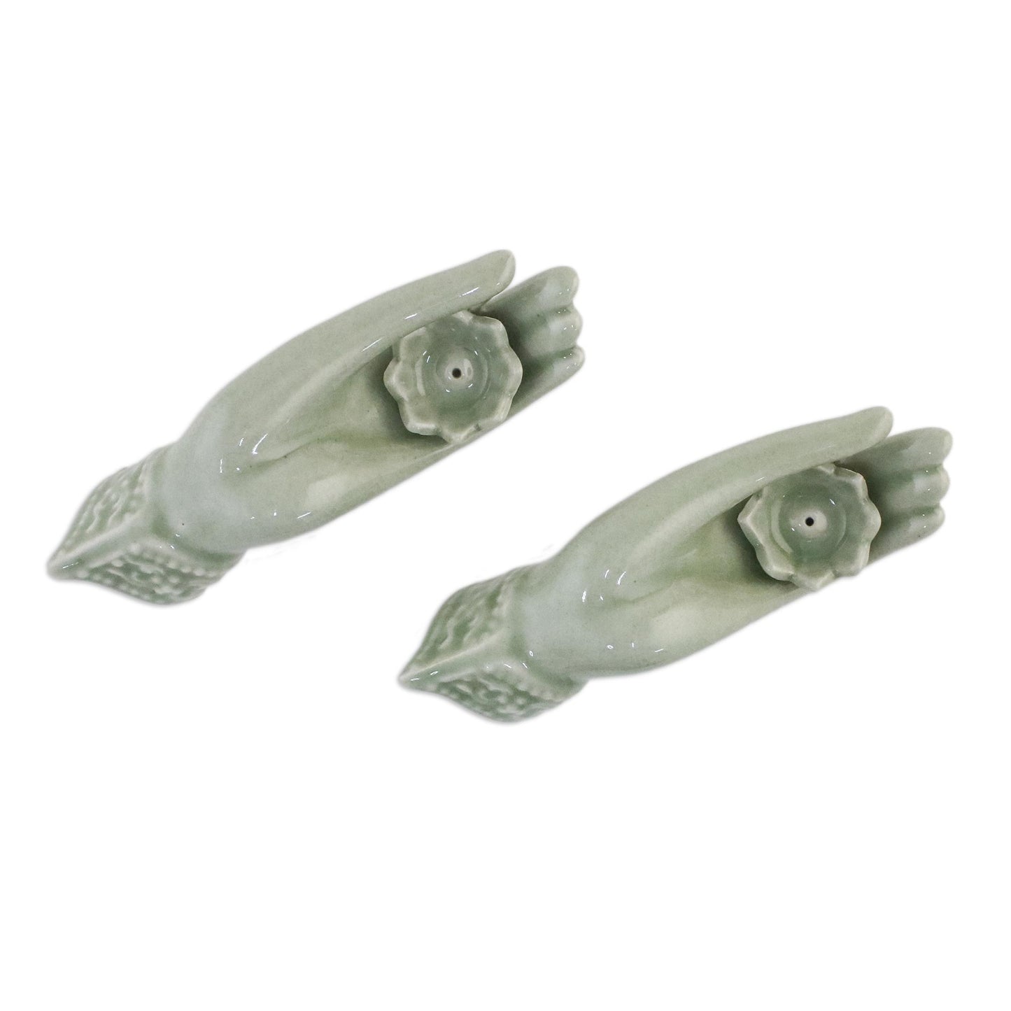 Thai Dance Hands Light Green Celadon Incense Holders Set of 2 from Thailand