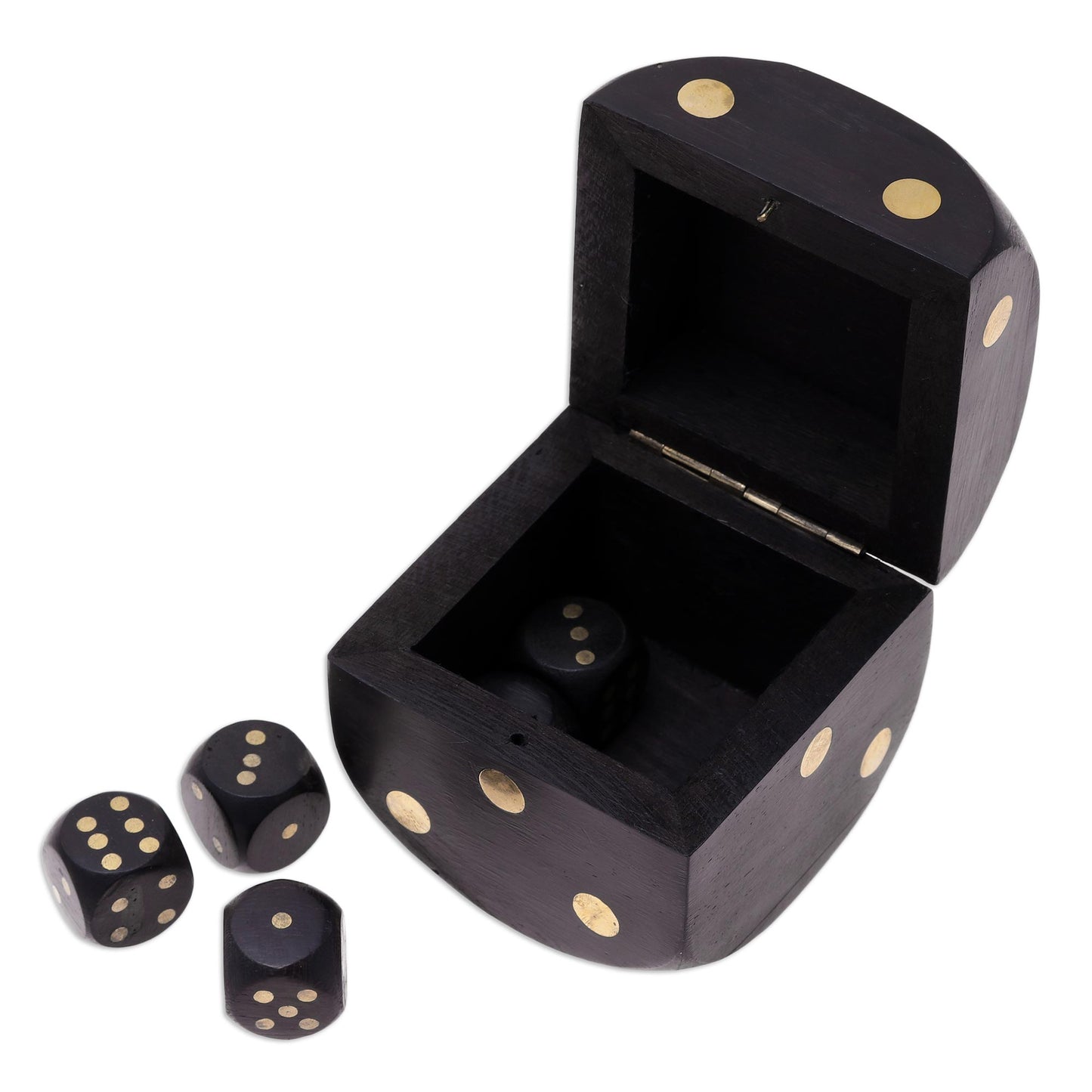 Elegant Dice Black Mango Wood with Brass Dots Decorative Box and Dice Set