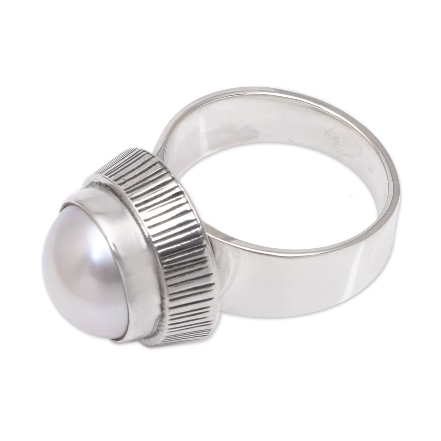 Glowing Button Cultured Pearl Cocktail Ring Crafted in Bali