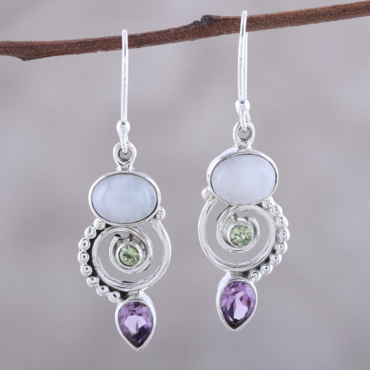 Twilight Labyrinth Multi-Gemstone and Sterling Silver Spiral Dangle Earrings