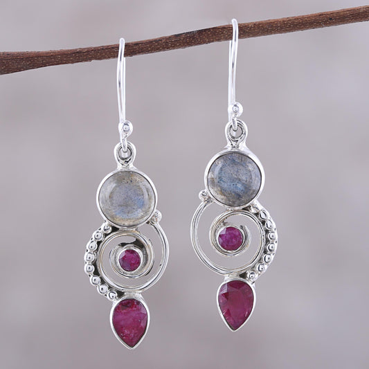 Elegant Labyrinth Labradorite and Agate Dangle Earrings from India