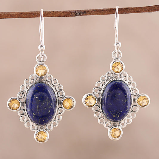 Royal Frame Lapis Lazuli and Citrine Dangle Earrings from India