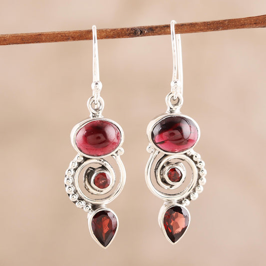 Fiery Labyrinth Garnet and Sterling Silver Spiral Dangle Earrings