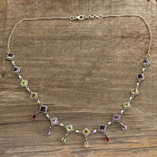 Shimmering Light Multi-Gemstone Link Necklace Crafted in India