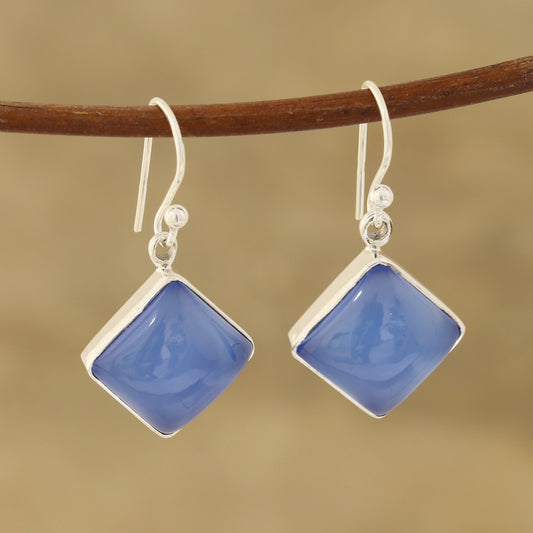 Sky Squares Square Blue Chalcedony Dangle Earrings Crafted in India