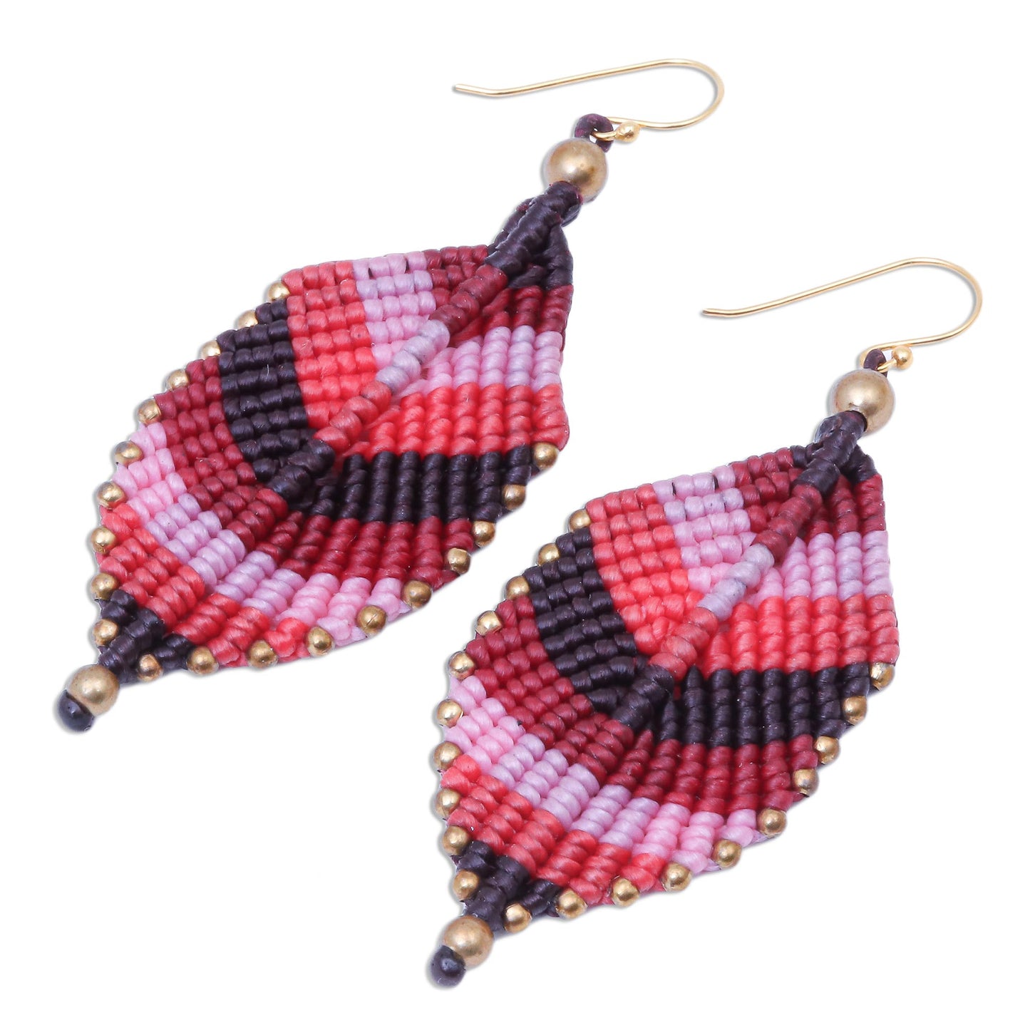 Boho Leaves in Pink Pink Leaf Waxed Cord Macrame Dangle Earrings