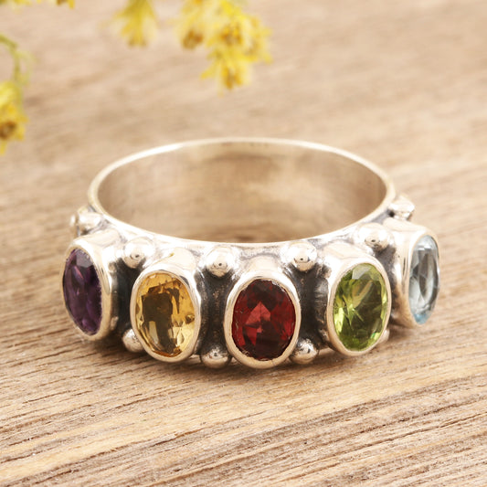 Rainbow Beauty Faceted Multi Gemstone Sterling Silver Cocktail Ring