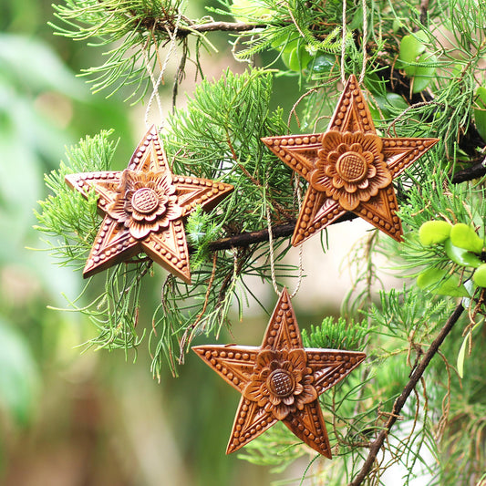 Sunny Christmas Hand Carved Star-Shaped Holiday Ornaments (Set of 3