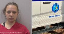 Split image showing a woman’s mugshot beside the side of a Lexington County Animal Services truck.