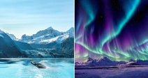 On the left, a humpback whale breaches glacial turquoise waters before snow-capped mountains; on the right, vivid green and purple aurora borealis swirls above a snowy mountain landscape.
