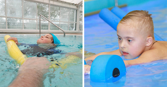 Split image: child floating on their back with a pool noodle in an indoor pool; child concentrating on a blue flotation aid while practicing swimming.
