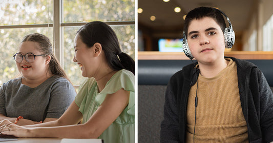 Split image showing two women at a computer on one side and a teen boy wearing headphones seated in a booth on the other.