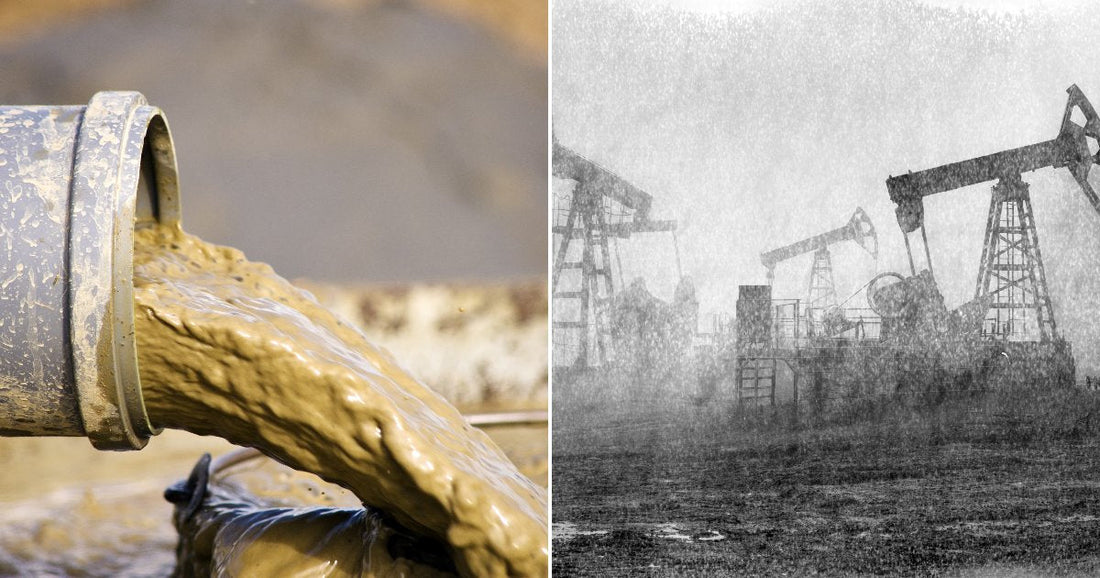 On the left, muddy slurry pours from a metal pipe at a construction or mining site; on the right, oil pump jacks stand in a misty field during rain.