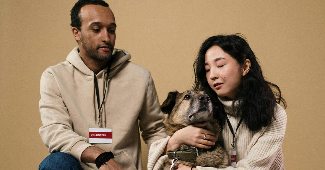 Two volunteers sitting with a dog against a neutral backdrop.