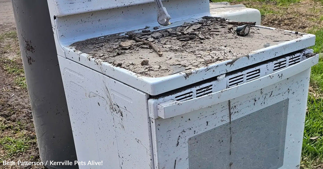 A dirty, abandoned stove covered in mud and debris.
