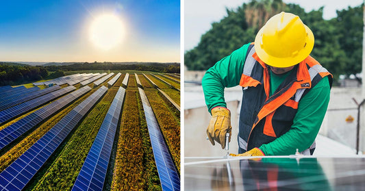 Split image showing a solar farm under the sun on the left and a worker in a hard hat installing solar panels on the right.