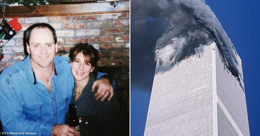 On the left, a man and woman smile together near a brick fireplace decorated with Christmas stockings; on the right, smoke billows from the top of a skyscraper.