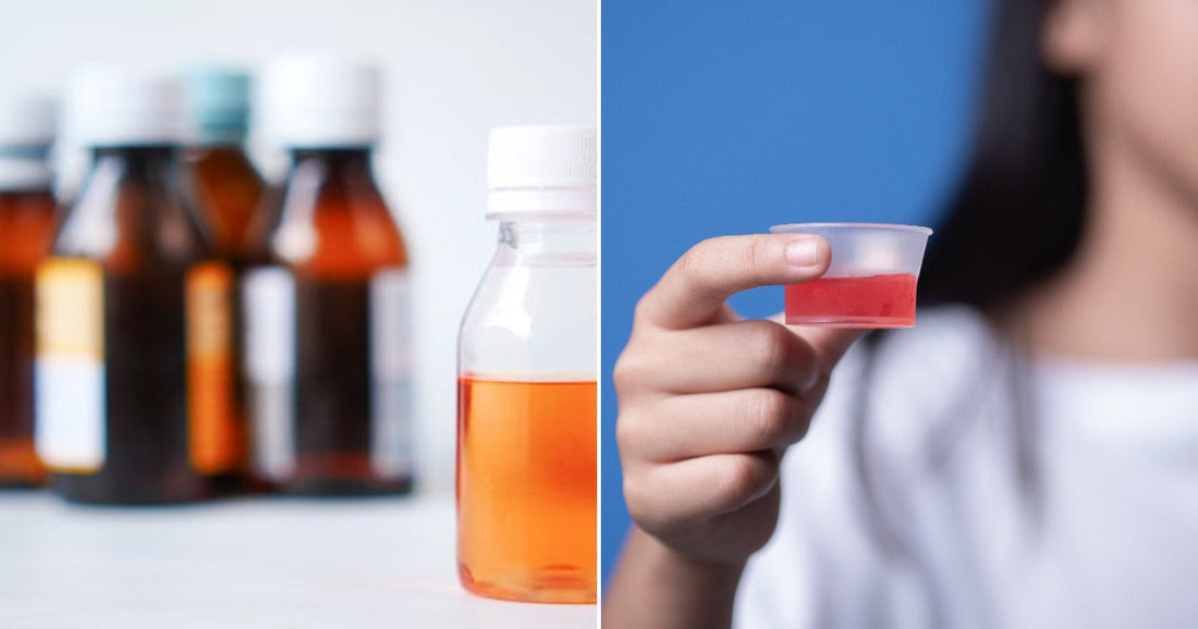 On the left, amber medicine bottles sit on a white surface; on the right, a young girl holds a small plastic cup of red liquid medicine.