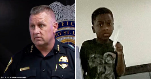 On the left, a middle-aged man in a dark police uniform stands before a law enforcement insignia; on the right, a young boy holds up a white object indoors.