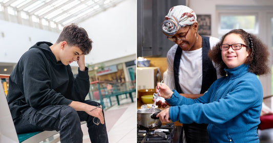On the left, a young man sits slumped on a mall bench; on the right, a smiling girl with Down syndrome cooks with a woman in a kitchen.