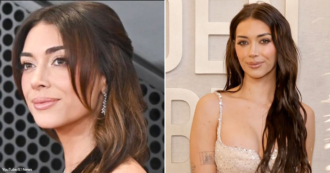 On the left, a dark-haired woman poses at a formal event; on the right, the same woman poses at the Golden Globes in a sequined gown.