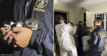 On the left, a Suffolk County SPCA detective cradles three tiny newborn kittens; on the right, SPCA officers in a damaged interior inspect walls using equipment.