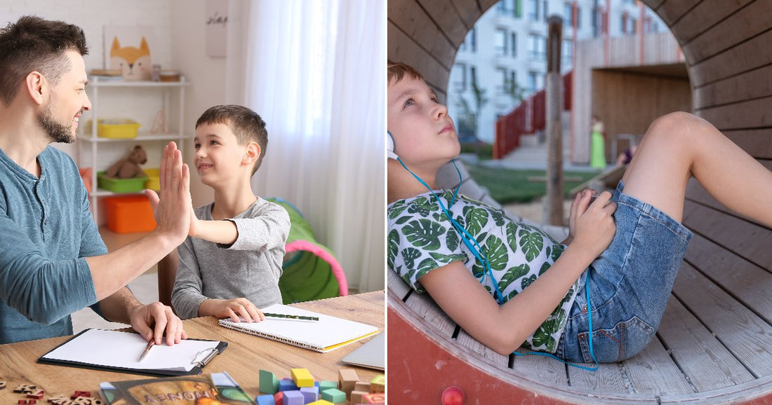 At left, a father high-fives his son. At right, a boy listens to music alone on a playground.