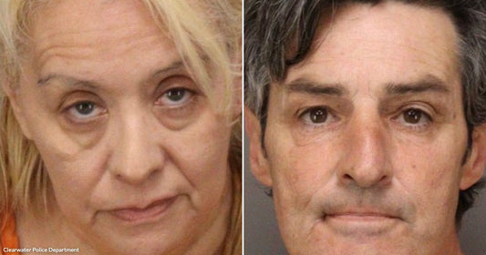 On the left, a middle-aged blonde woman in an orange jumpsuit faces the camera; on the right, a middle-aged gray-haired man in an orange jumpsuit faces the camera.
