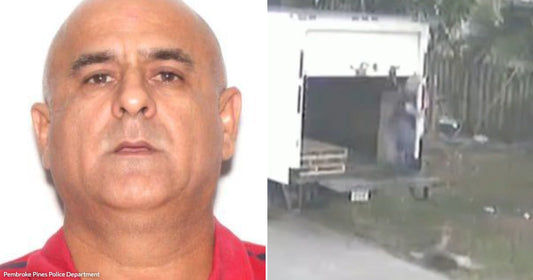 On the left, a mugshot of an elderly man. On the right, a news broadcast shows a man throwing a dog from a truck in Pembroke Pines.