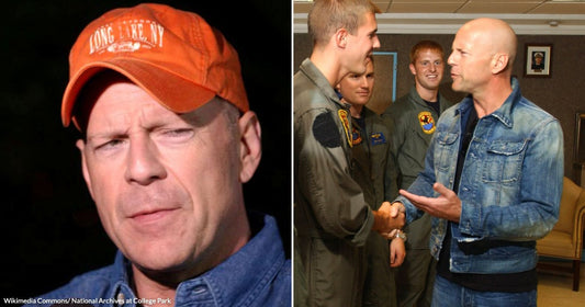 On the left, a man in an orange cap speaks into a microphone; on the right, a bald man in denim shakes hands with uniformed military personnel indoors.