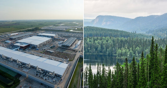On the left, a large industrial facility with white-roofed buildings sits amid flat farmland; on the right, dense evergreen forests surround a calm mountain lake.
