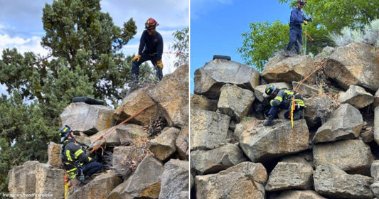 On the left, two firefighters navigate a rocky boulder formation using ropes amid evergreen trees; on the right, the same firefighters work the rocky terrain under a clear blue sky.