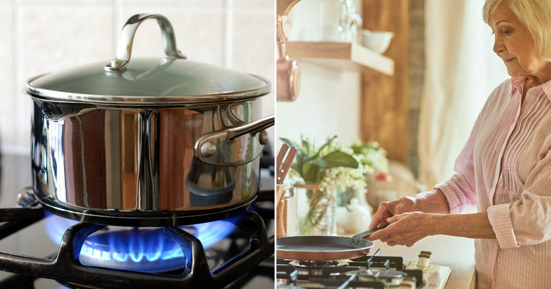 On the left, a shiny saucepan with a lid sits on a lit gas burner; on the right, an older woman cooks with a skillet on a gas stove.
