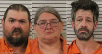 Three individuals in orange jail jumpsuits pose for mugshots against a striped background, appearing to be under arrest.