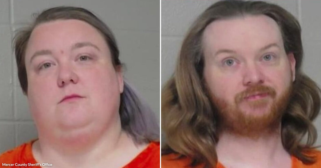 On the left, a man with long brown hair and a red beard wearing an orange jumpsuit against a gray wall; on the right, a woman with dark hair in.