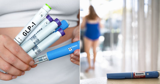 On the left, a person holds multiple GLP-1 injectable pen devices; on the right, an Ozempic semaglutide injection pen rests on a surface indoors.