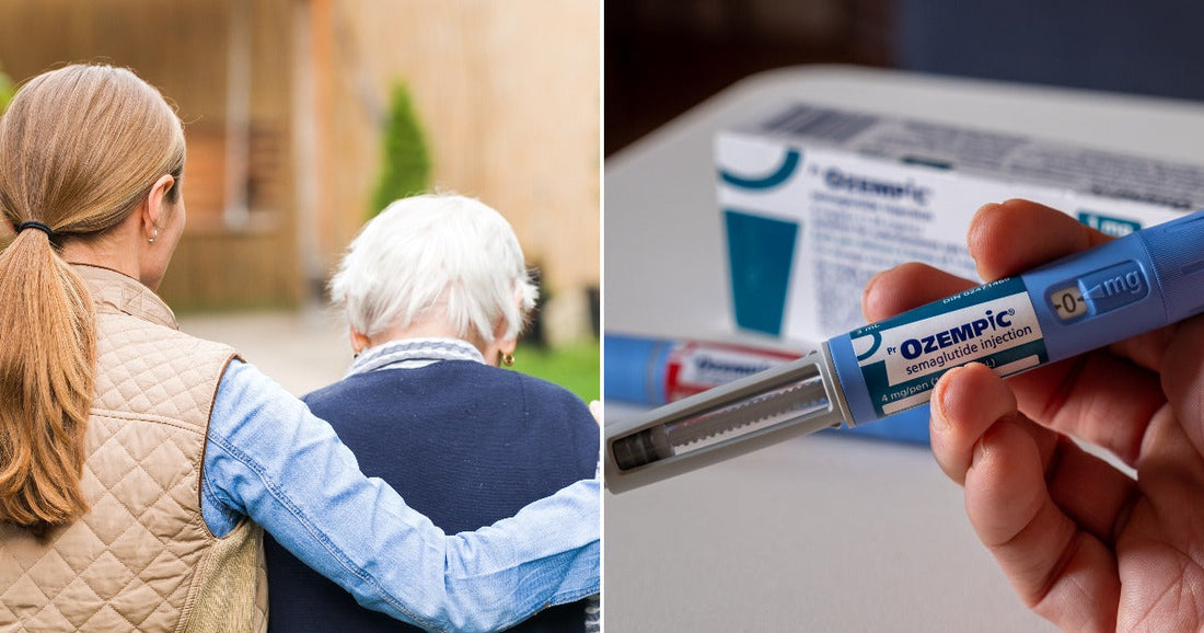On the left, a younger woman with a ponytail embraces an elderly person with white hair outdoors; on the right, a hand holds an Ozempic semaglutide injection pen indoors.