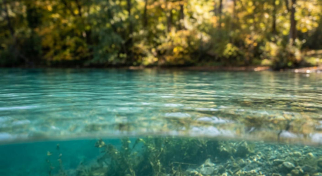 Clear water reflecting sunlight, with underwater plants and vibrant autumn foliage in background.