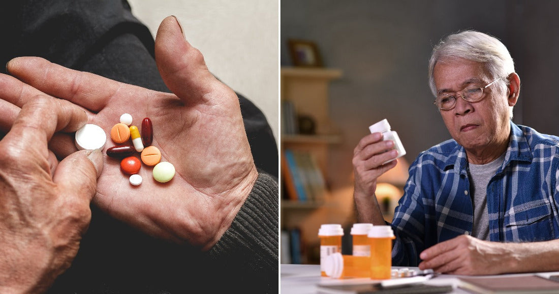 Side-by-side photos of assorted pills in an older adult’s palm and an older man examining a medication bottle.