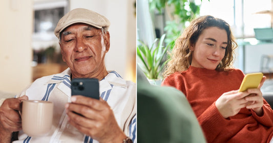 On the left, an older man relaxes on a sofa with a mug and phone; on the right, a young woman lounges on a couch using her phone.