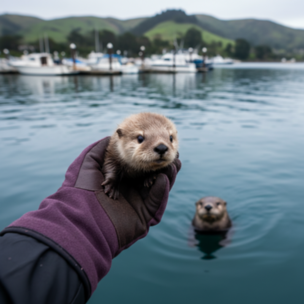 A gloved hand holds a small otter, while another otter swims near in the background.
