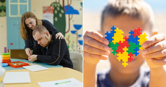 On the left, a woman assists a young man with a tabletop activity in a colorful classroom; on the right, a child holds a colorful puzzle heart outdoors.