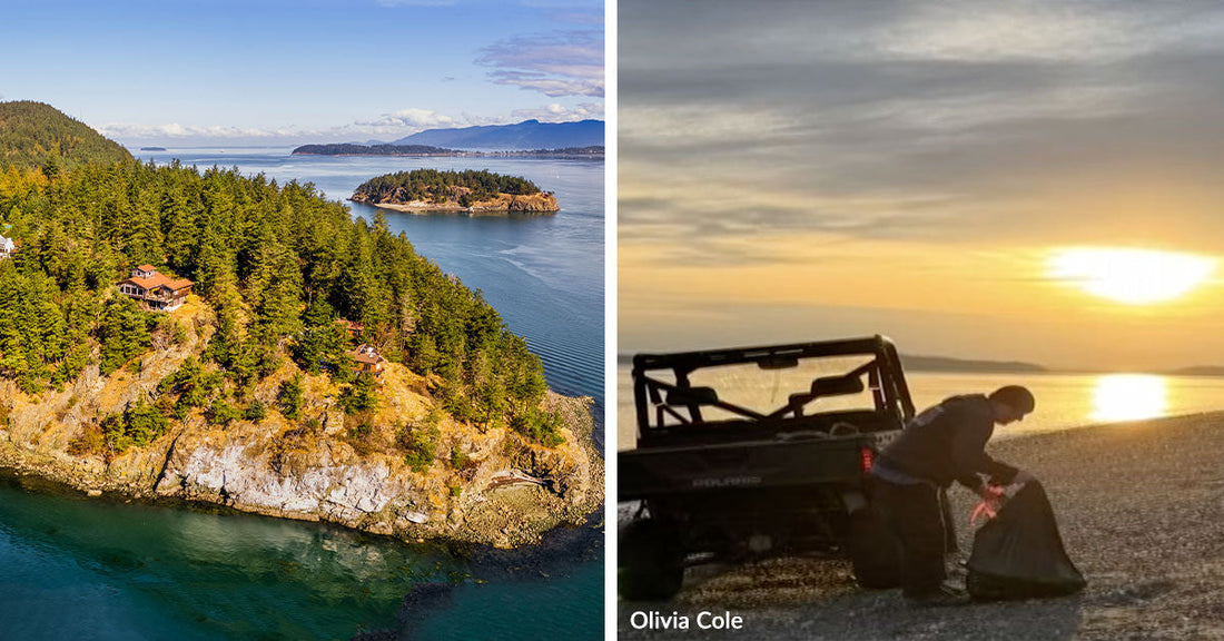 Split image showing a wooded island coastline on one side and a person handling a large bag on a beach at sunset on the other.