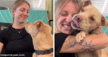 Left: Woman smiling at a tan dog looking up at her; Right: Same woman hugging the dog as it licks her face.