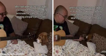 Split image showing a man playing guitar on a couch for a beagle tucked under blankets, with on-screen text about the dog being serenaded in a leopard-print hoodie.