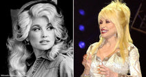 On the left, a woman with voluminous blonde hair and hoop earrings in a denim shirt poses in black and white; on the right, a smiling blonde woman performs on.