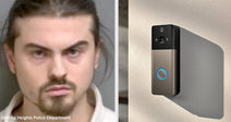 Split image showing a mugshot of a man beside a close-up of a video doorbell camera mounted on an exterior wall.