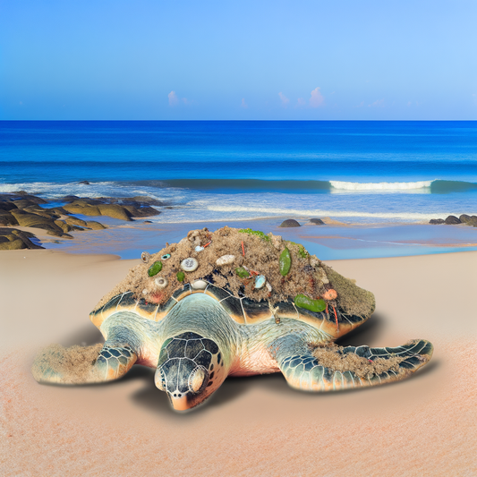 Sea turtle with shell organisms stranded on beach