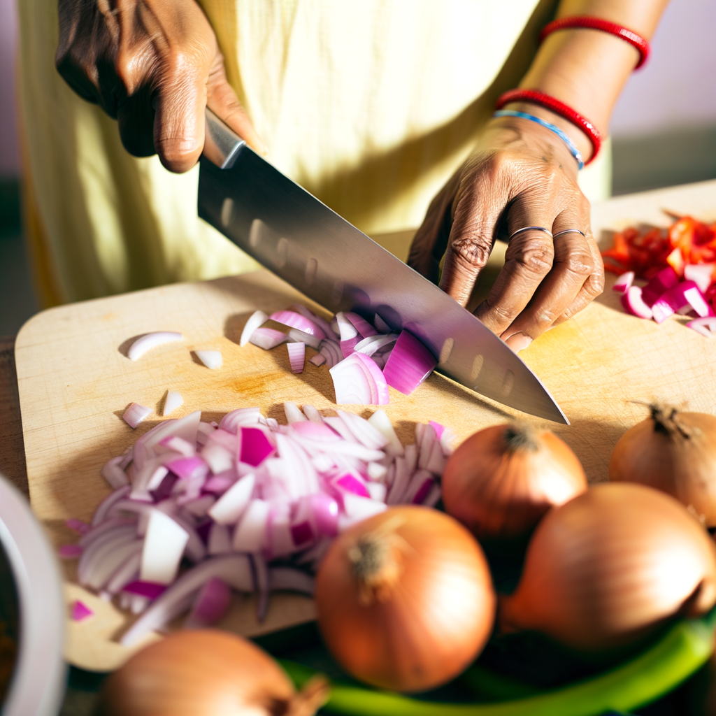 Person cutting onion with sharp knife