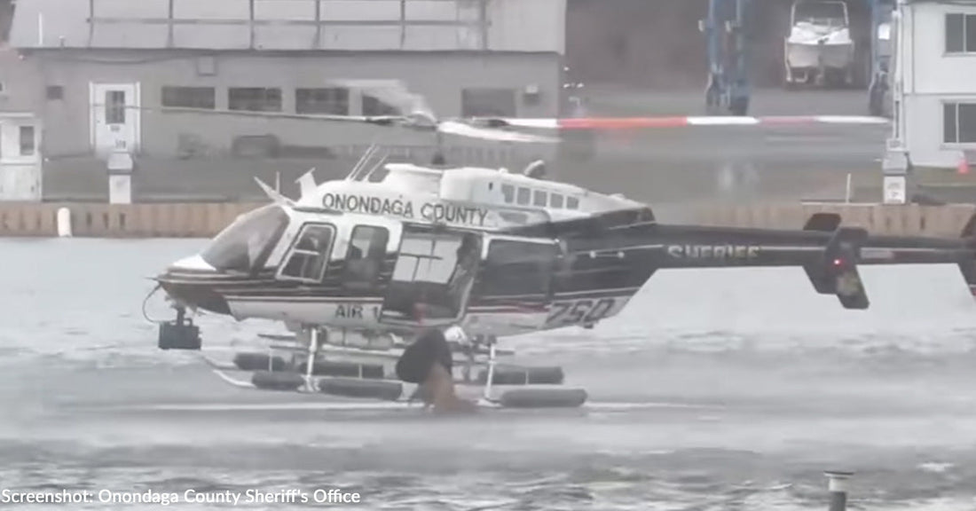 police helicopter with officer rescuing dog from river